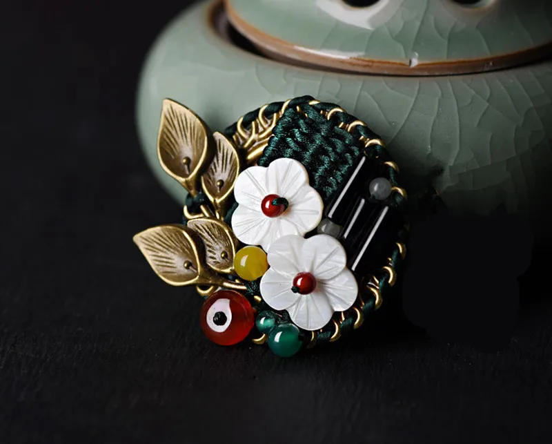 shell flower brooches for women natural black red stone broche vintage brooch pins ethnic jewelry  (3)