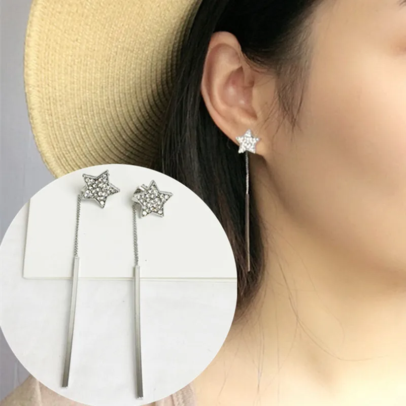 

2019 New Korean Simple Elegant Women's Rhinestone Crystal Pentacle Star Long Tassels Earrings Fashion Jewelry Accessories Gifts