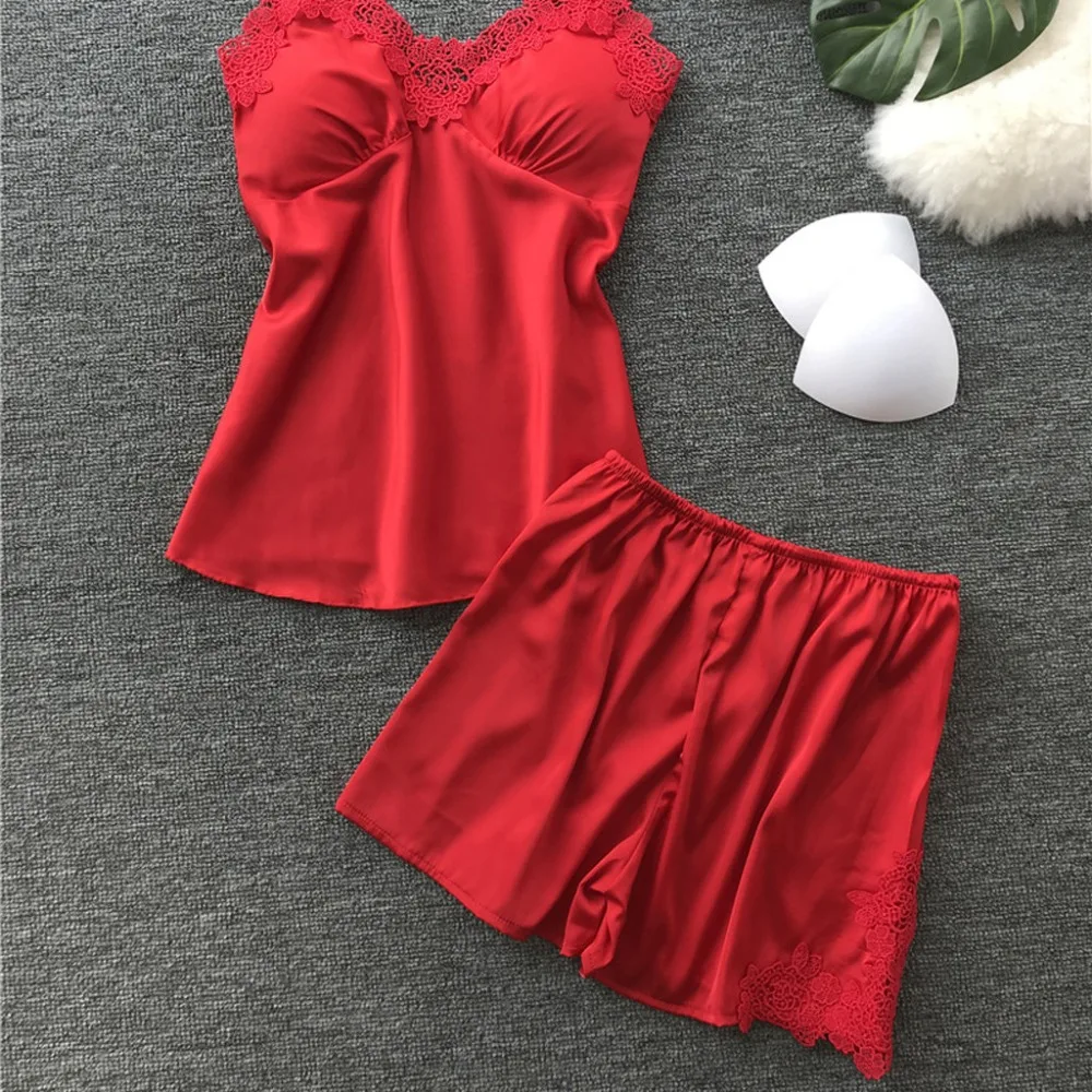 Lady Sexy Satin Night Robe Dress Lace Strap Shirt&Shorts 2PCS Sleep Suit Sleepwear Nightwear Sling Lingerie Underwear Set