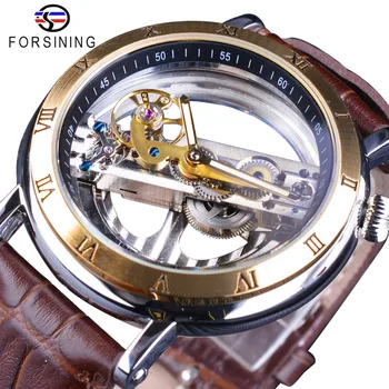 

Forsining Double Side Transparent Brown Leather Waterproof Automatic Mens Watches Top Brand Luxury Skeleton Creative Wristwatch