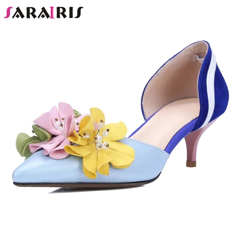 

SARAIRIS 2019 Sexy Genuine Leather Cow Leather Cow Suede Woman Shoes Party Pointed Toe Flower Thin Heels Shoes Women Pumps