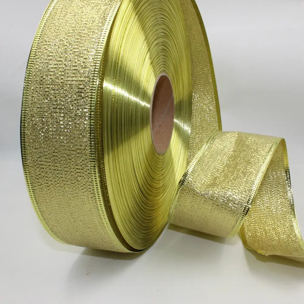 

200CM *2 '' ( 5CM )Width Gold And Red Organza Ribbon Printed Ribbon Xmas Wired Ribbon Christmas Present Weeding Wire Edged
