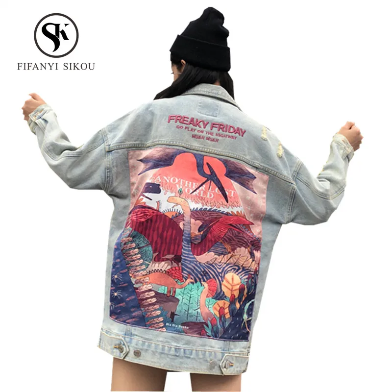 

Spring Women's Denim jacket coat Fashion Print Hip hop jeans jacket women Washed Loose Denim coat Plus size Outerwear 2019 New