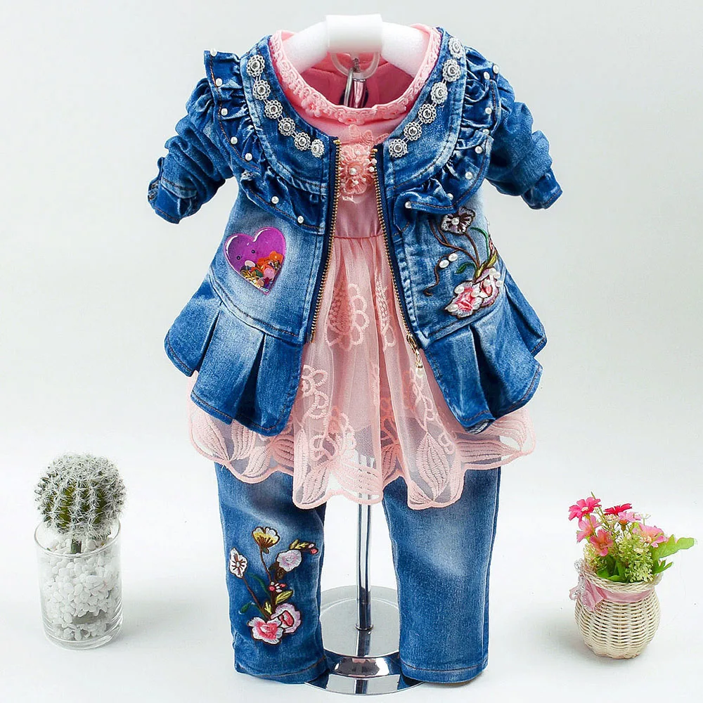 Весенне-осенние комплекты джинсовой одежды для маленьких девочек 3 предмета, футболка с длинным рукавом, платье Топы, джинсовая куртка и джинсовые штаны