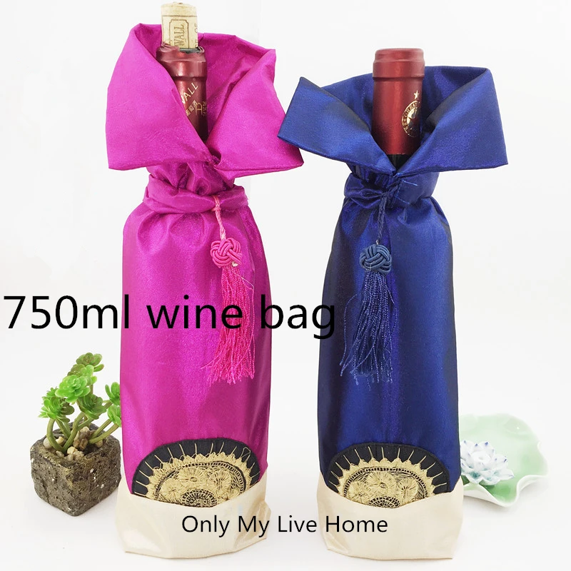 Сумка для вина в китайском стиле с кисточками, Рождественское украшение для бутылки, украшение для стола, атласная ткань, упаковка для бутылки вина, сумка, подходит для 750 мл, 50 шт./л
