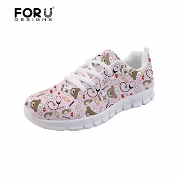 

FORUDESIGNS Casual Brand Women Flats Shoes Nursing Women's Light Weight Breathable Shoes Cartoon Nurse Bear Print Female Shoes