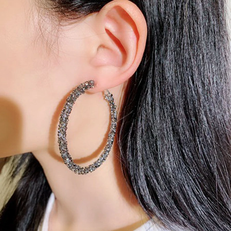 

High Quality Large Hoop Earrings Shining Black/Silver Crystal Statement Earrings Fashion Women Jewelry