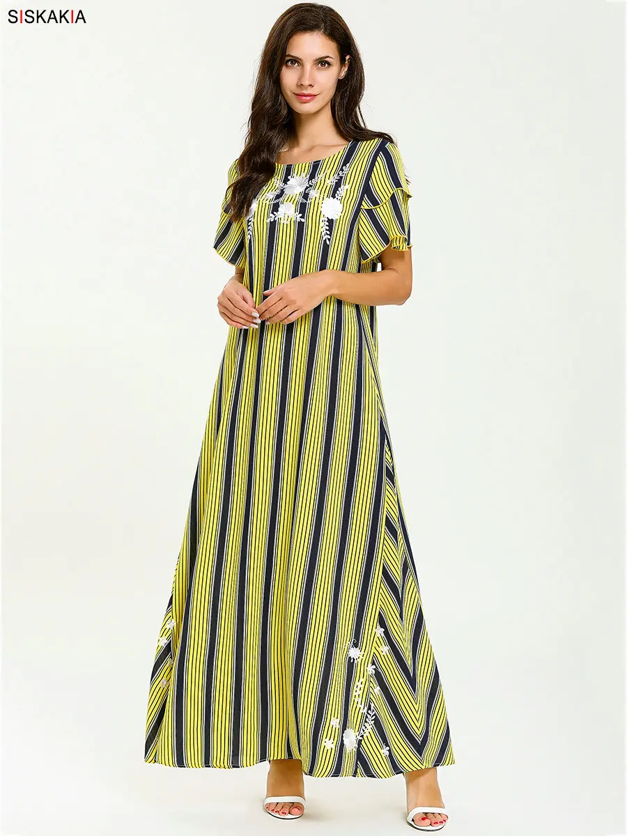 Siskakia Лето женское длинное платье с круглым вырезом и оборками с коротким рукавом дизайн Макси платья желтая полоска Арабская одежда мусульманская