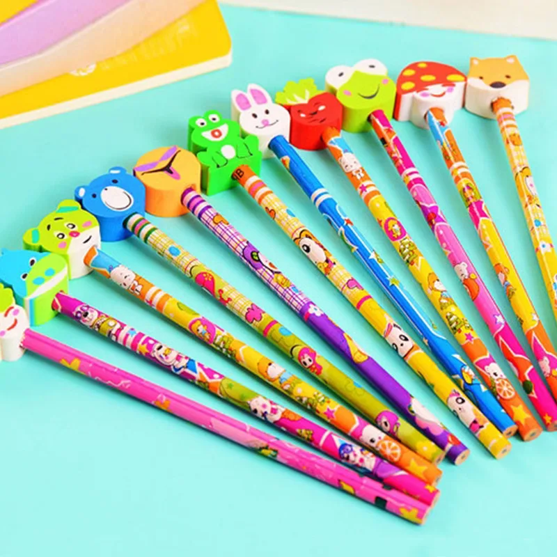 

24PCS/lot big head animal cute cartoon HB pencil with rubber eraser school students birthday Christmas gift prize