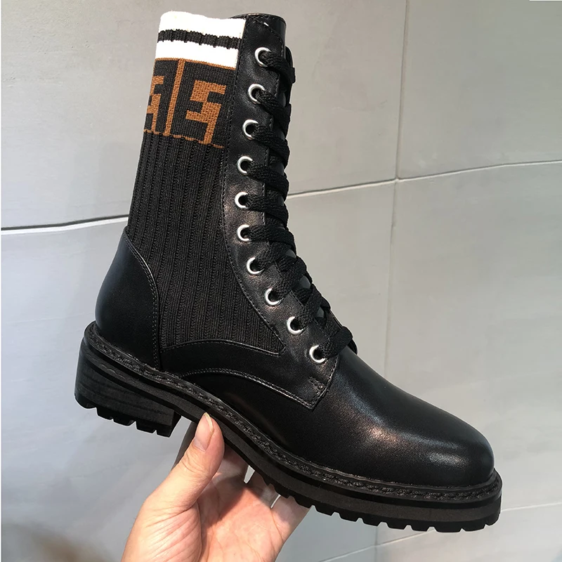 

angjv 2018 New Real Leather Shoes Women Fashion Brand Boots Mid Calf Lady chaussure Autumn Female footware Breathable Cross-tied