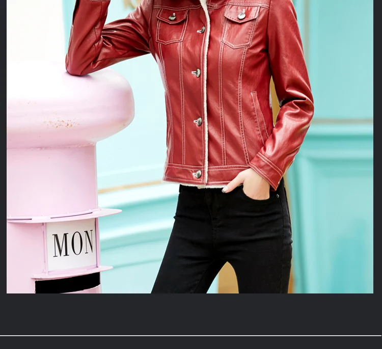 AYUNSUE/осенне-зимняя кожаная куртка женская красная короткая Корейская тонкая куртка из искусственной кожи Женская Шерсть Шуба Veste Cuir Femme KJ745