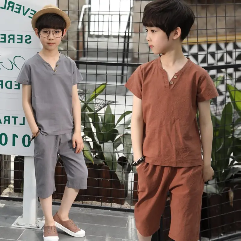 

Teenage Big Boys Clothing Set Ribbed Fitted Short Sleeve Linen Children Clothes 2019 Summer Kids Outfits For 5 6 8 10 12 Years