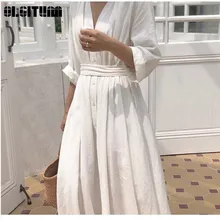 Новинка, весенне-летнее платье, корейское, популярное, темпераментное, простое, v-образный вырез, галстук, плиссированное, свободное платье, DR940