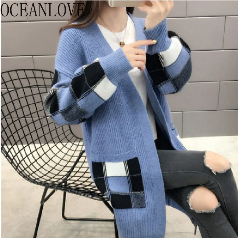 

OCEANLOVE 2019 Autumn Plaid Chaqueta Mujer Winter Clothes Women V Neck Korean Cardigan Long Elegant Loose Pockets Sweaters 12560