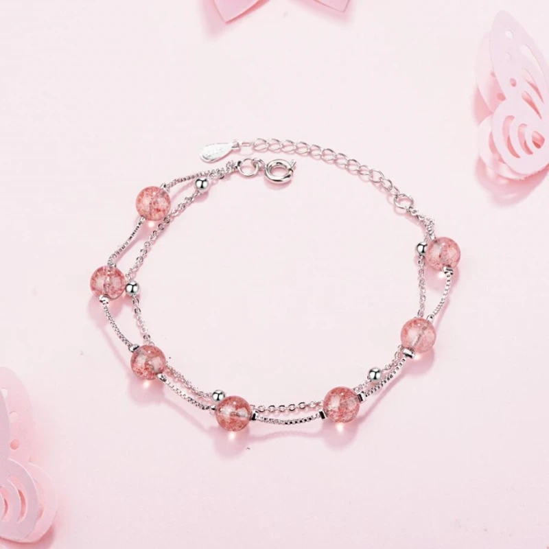 

Sole Memory Double-layer Natural Strawberry Crystal Powder Fresh 925 Sterling Silver Female Resizable Bracelets SBR104