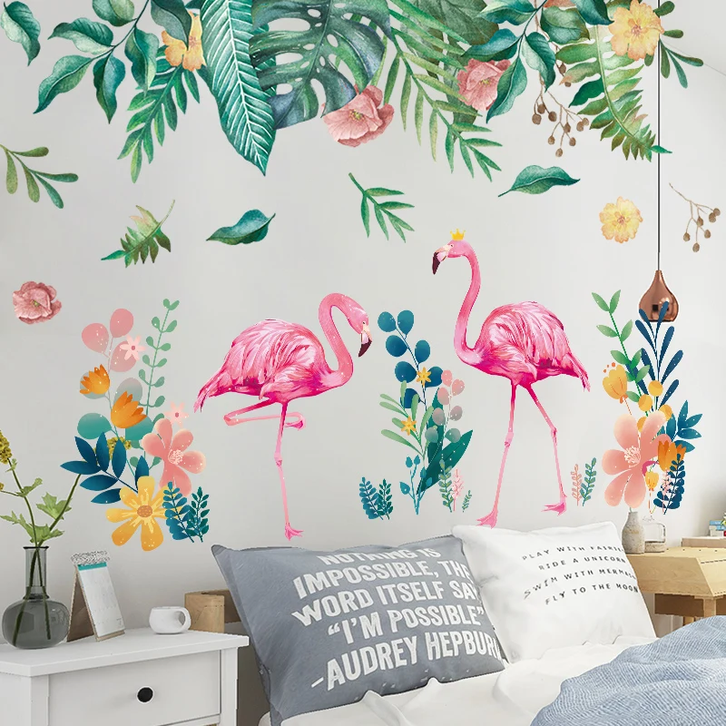 

[shijuekongjian] Plant Leaves Wall Sticker DIY Flamingo Animals Wall Decals for Living Room Kids Bedroom Kindergarten Decoration