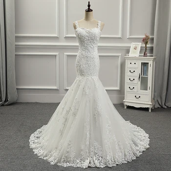 

The new style square neck sleeveless brush trailing and floor-lace wedding dress with a natural waist line and an open back fish