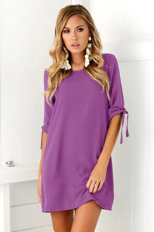 Новое Повседневное платье, Женские однотонные свободные платья с рукавом средней длины, осень, S-3XL, женское мини платье на шнуровке, плюс размер, женская одежда - Цвет: 7B1197 Purple
