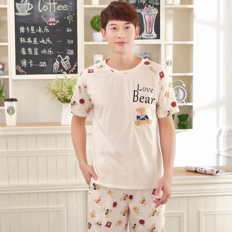 

Men pajamas new cute casual home service 2019 short sleeve shorts pullover summer Korean two piece pajama sets men sleepwear