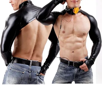 

Sexy Men Faux Leather Tap DJ Backless Exposed Chest Patent Leather Top Sleevelet Glossy Gay Fetish Male Erotic Lingerie Muff