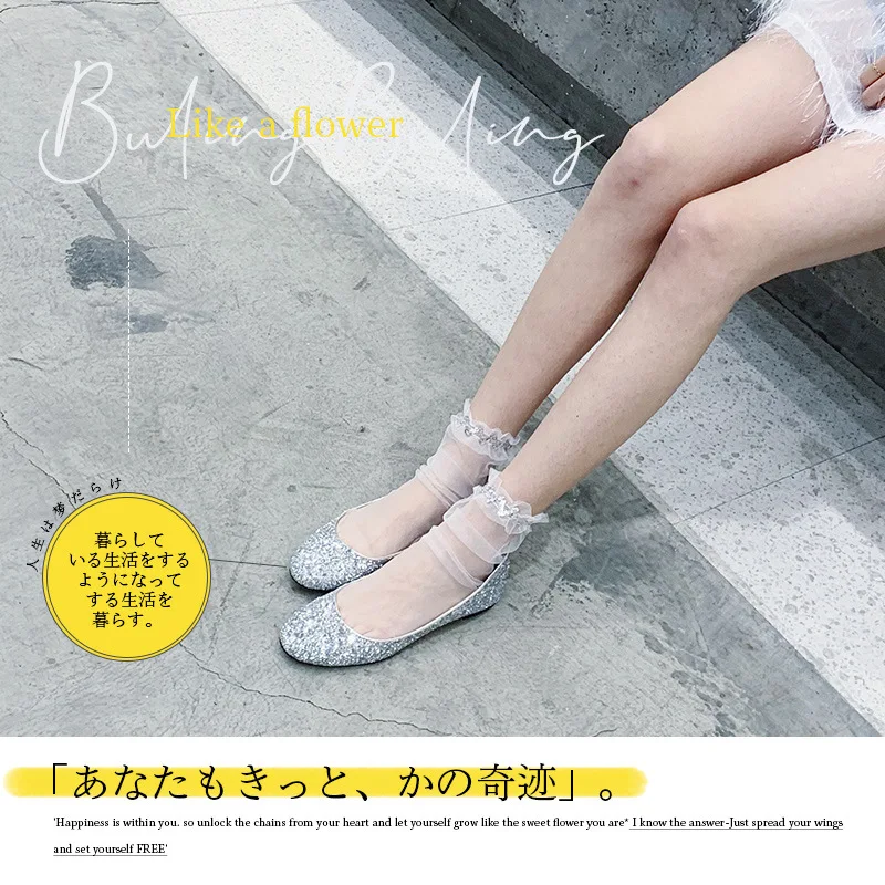 

New hot 2019 fashion summer women's Korean transparent tulle socks shiny wild lace short socks