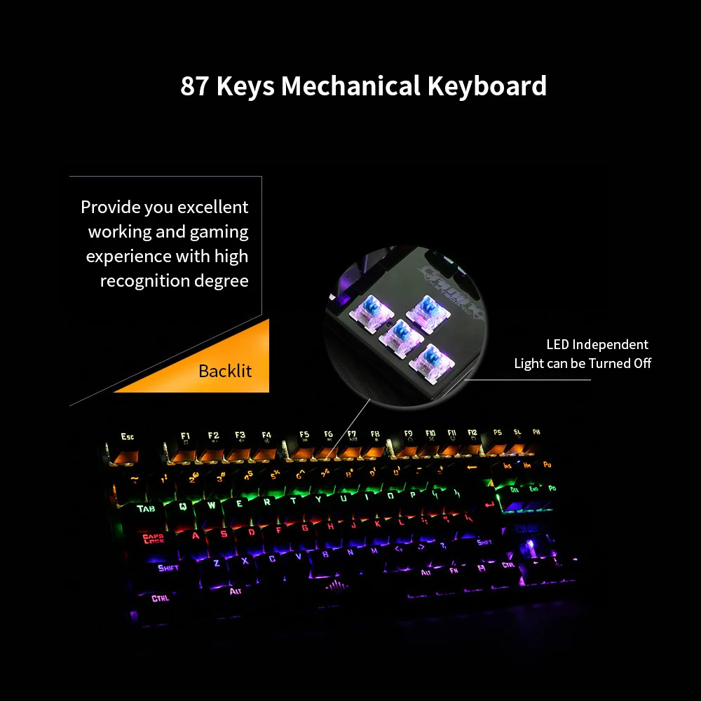 Backlit Mechanical Keyboard Gaming Keyboard Blue Switch 87 Keys Ergonomic Keyboard Suspended Keys with Hand Wrist