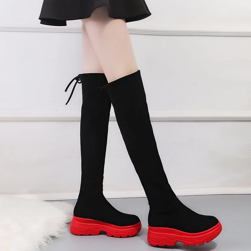 

2019 New Black Red Autumn Winter Shoes Women Over The Knee Sexy Wedge Wedge Boots Stretch Fabric Sock Boots Students Boots