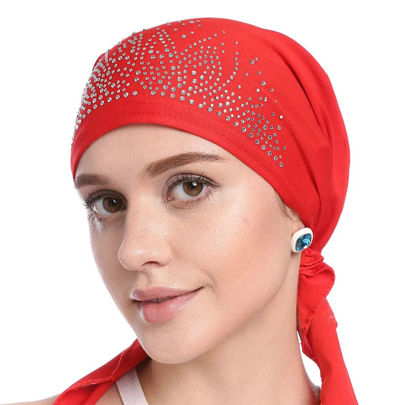 Fashion Women Headscarf Hat Thin Summer Muslim Inner Caps Solid Diamond Turban Bonnet Hijab India Head Wrap Hats For Ladies