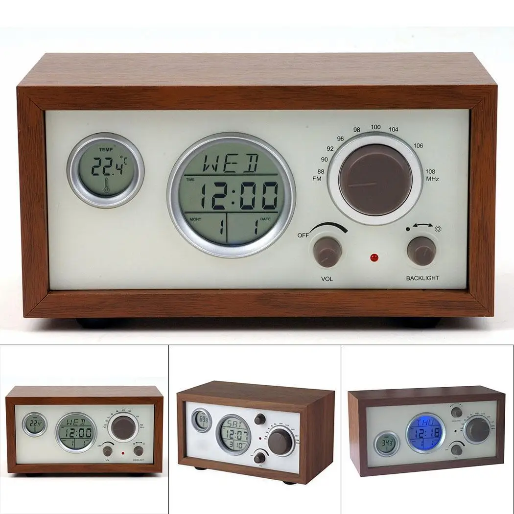

Retro Style Wooden Alarm Clock with FM Radio Temperature / snooze, time / date display Display Home Decor