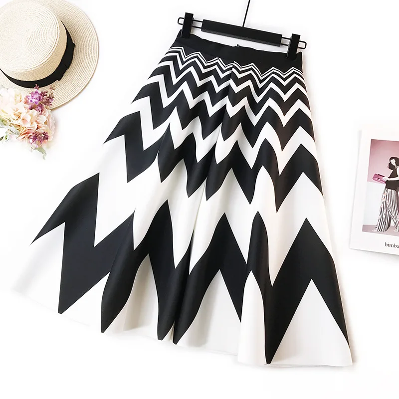 

2019 New Arrival Black & White Stripe Ladies Skirts European Hepburn Style Vintage Skirt Elegant Midi Skirt Free Shipping
