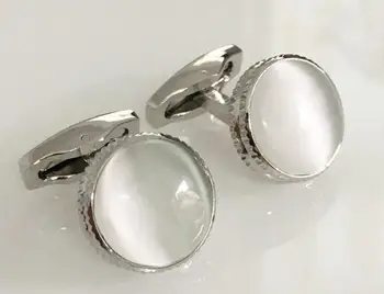 

10pairs/lot Silver Round Cufflinks With White Cat's Eye Stone Inlaid Cuff Links Wedding/Business Gift Men's Jewelry Wholesale