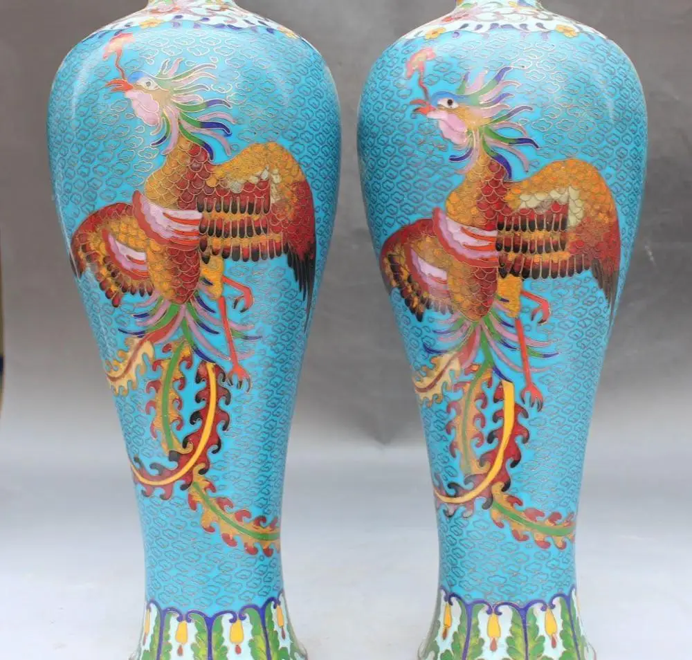

13" Palace Dynasty Cloisonne Enamel Gilt Bird Phonix Flower Vase Bottle Pair Pot