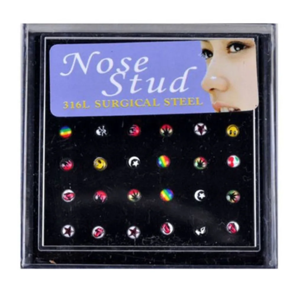 

24pcs/Box 3mm Mixed Patterns Nose Studs Ring Pack 19G Stainless Steel Piercing Ear Tragus Bone Nails Body Jewelry Wholesale