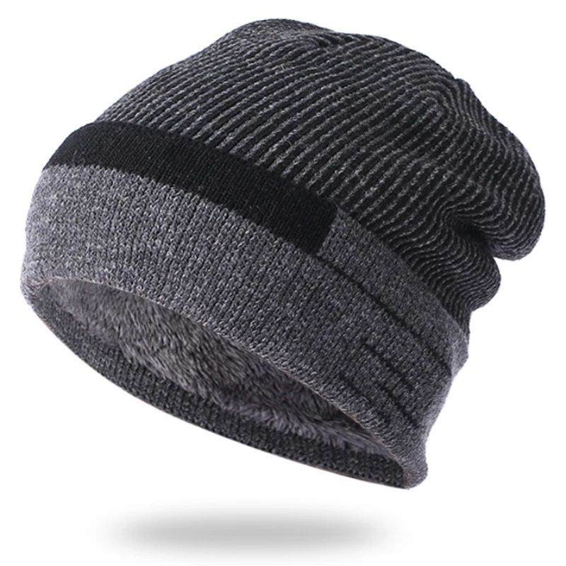 HT2149 Thick Warm Knitted Beanie Hats Male Fleece Lined Ski Beanies Autumn Winter Hats for Men
