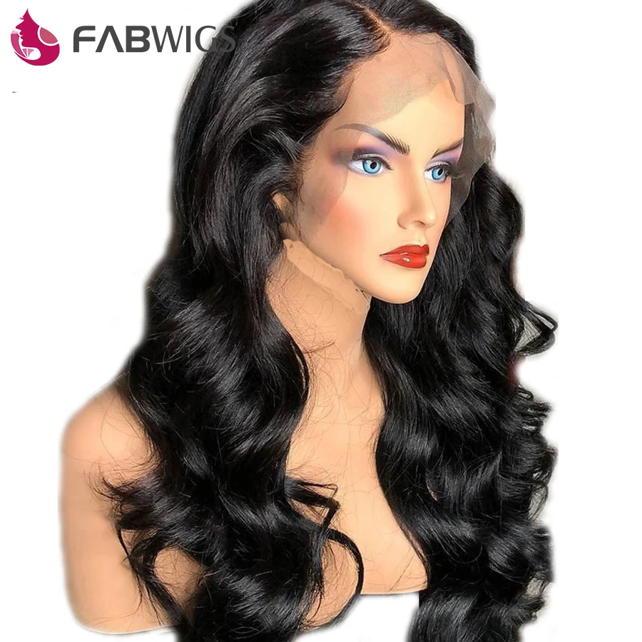 Fabwigs 13x6 глубокая часть фронта шнурка человеческих волос парики предварительно сорванный бразильский объемный волнистый парик шнурка с детскими волосами черный для женщин