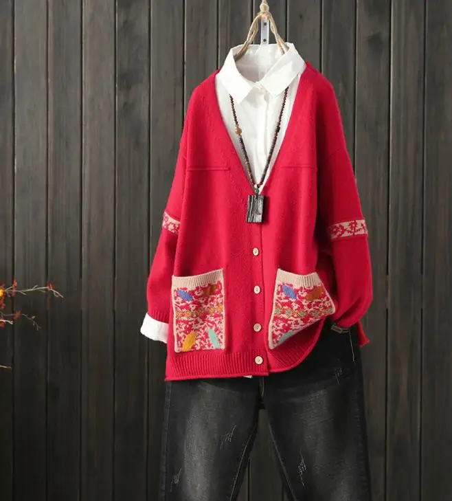 Johnature осень женский вязаный хлопковый свитер с длинным рукавом Повседневный однобортный женский свитер с v-образным вырезом и карманами - Цвет: Красный