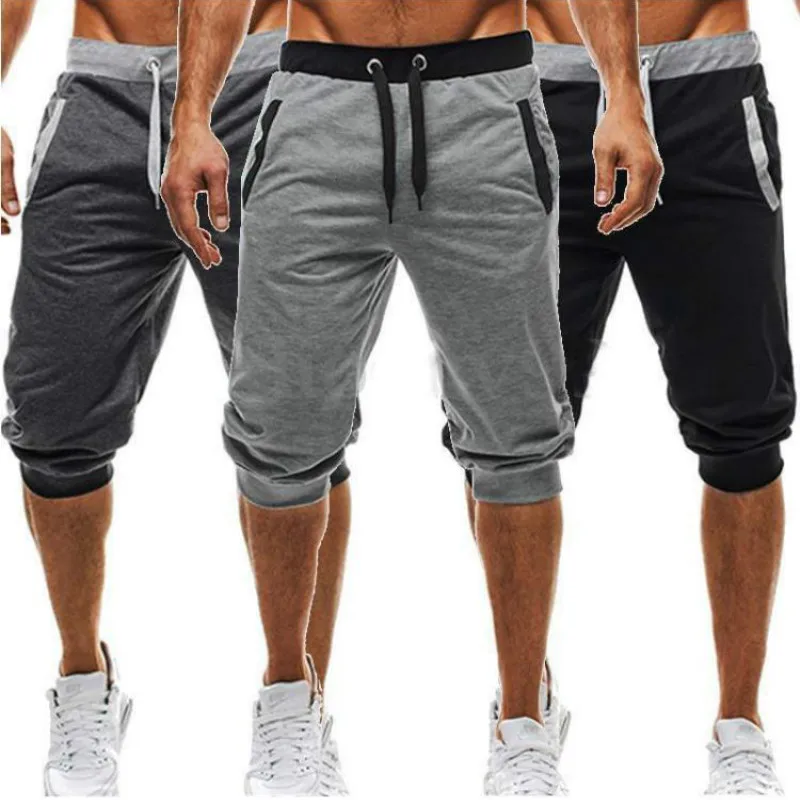 

Summer Fashion Slim Solid Color Workout Clothing Men Shorts Cotton Mid Waist Blue Patchwork Pockets Sweatpants