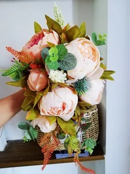 

New Beautiful Pink Wedding Bouquet All Handmade Bridal Flower Artificial Hydrangea Peony Rose butterfly Brooch Bouquets