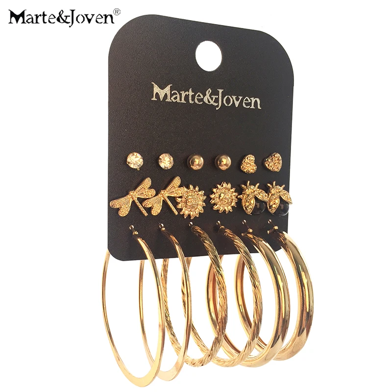 

Marte&Joven Fashion Gold Tone Heart/Dragonfly/Sun/Insect Stud Earrings Set for Girls Women Luxury Large Circle Earrings 9 Pairs
