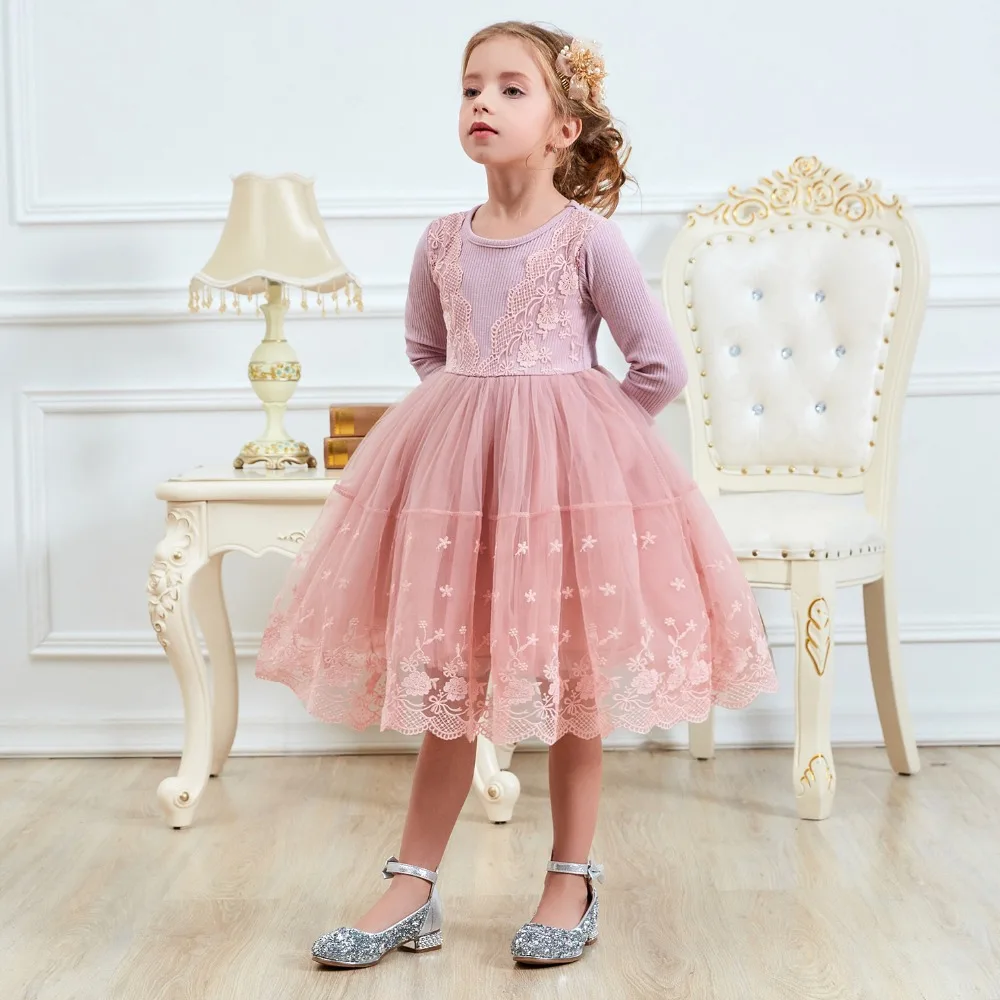 

2019 Spring Girl Dress New Lace Flower Princess Dress Autumn Long Sleeve Three-Dimensional Petals Pompon Net Yarn Girls Clothes