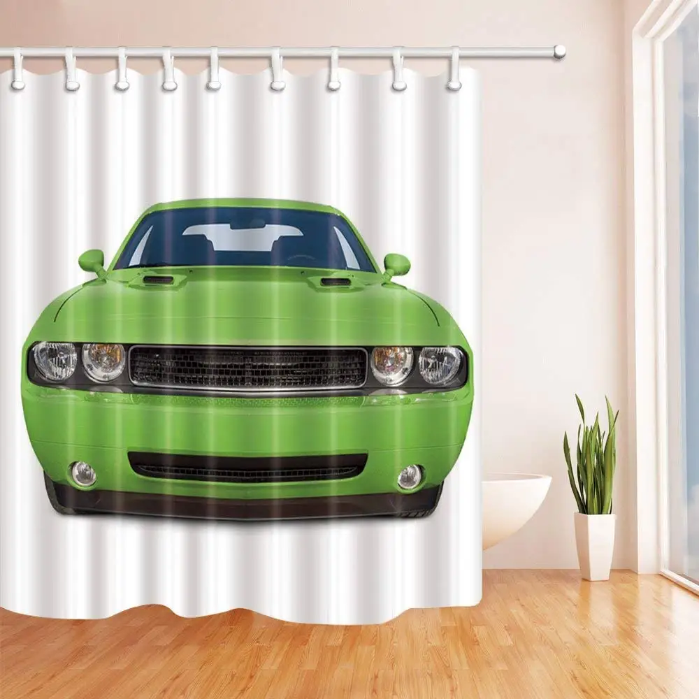 Green Car Shower Curtain Artistic Picture Print White Background Fabric
