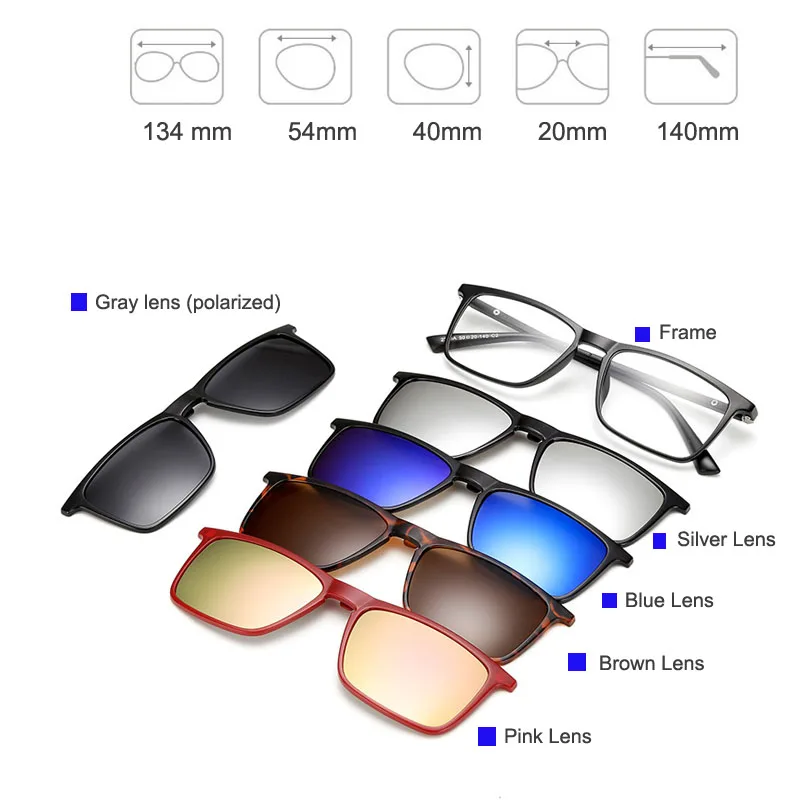 

Men Women Square Frame Magnetic Adsorbent Glasses Frame With 5 clip on Sunglasses Optical Spectacle Frame myopia eyeglasses