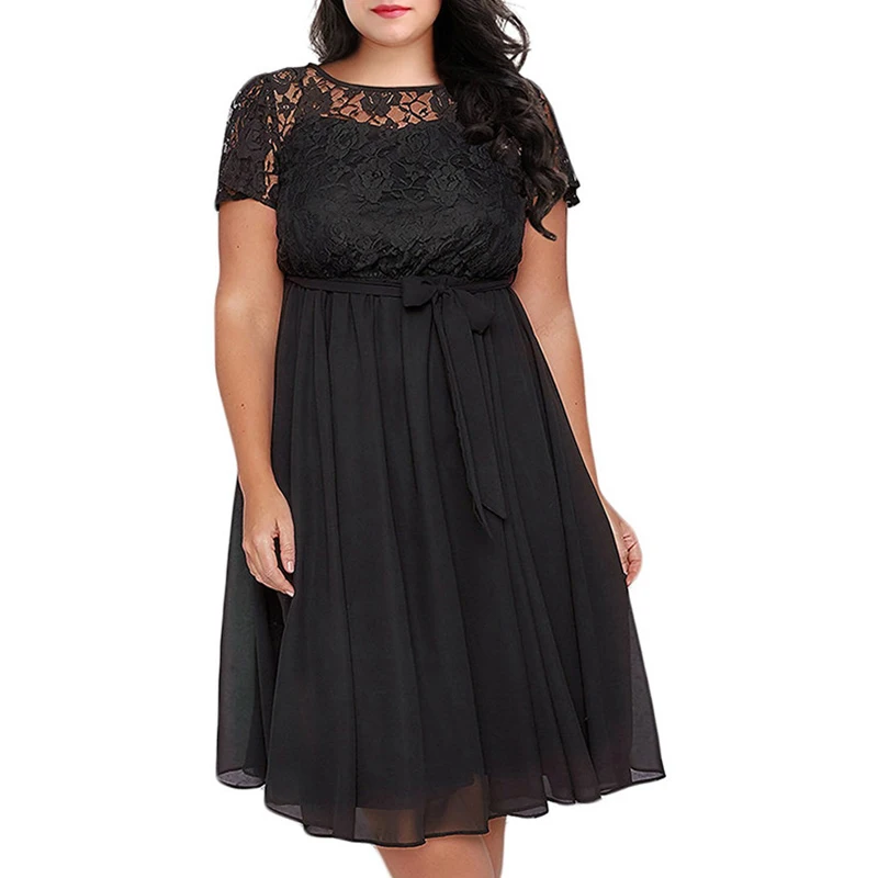 

2019 Summer Evening Party Hollow Out Lace Dress Plus Size Women Office Lady Dress Chiffon Retro Long Tunic Dress Dropshipping