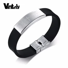 Vinterly Нержавеющая сталь черные силиконовые браслеты для Для мужчин Повседневное ID браслет, браслет с гравировкой, АУМ Библия молитва ювелирных изделий