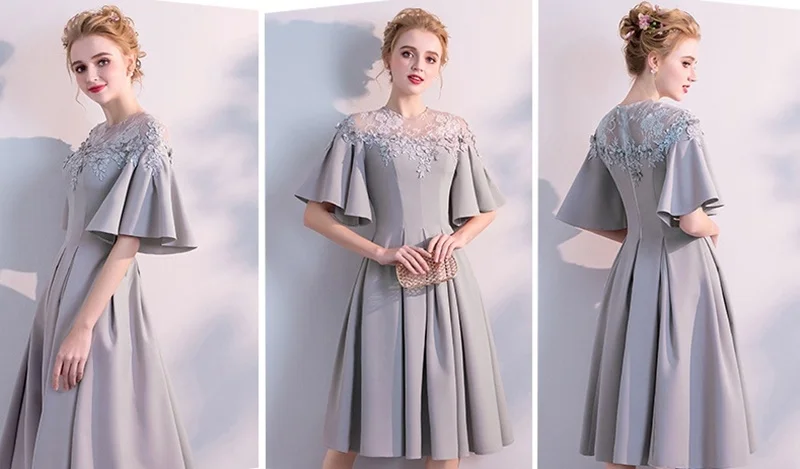 Серое Платье для свадебной вечеринки, платье Fiesta Vestido Soiree Femme, аппликация, Пышное Платье на плечо, короткое платье для подружки невесты,, выпускной, TS1696