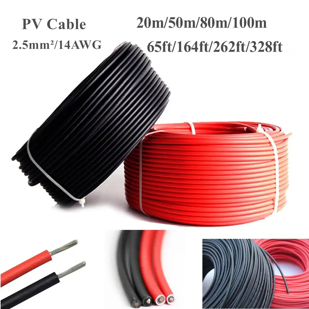 20 м/50 м/80 м/100 м 2,5 мм/14AWG PV солнечный кабель провод медный проводник TUV черный + красный кабель 65ft/164ft/262ft/328ft - изображение