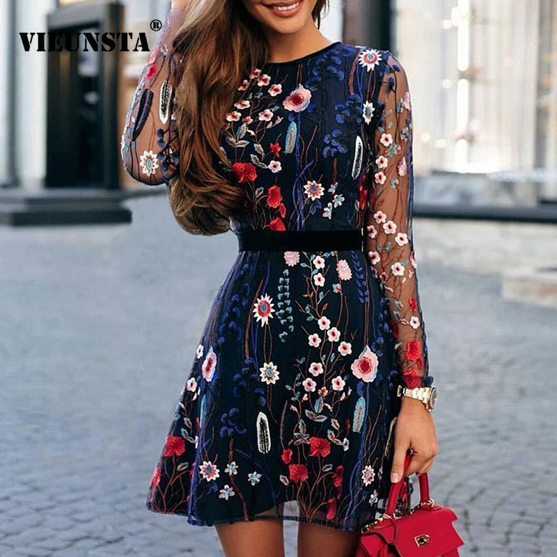 

VIEUNSTA 2019 Sexy Women Floral Embroidery Dress Sheer Mesh Summer Mini A-line Dress Fashion See-through Ladies Dresses Vestidos