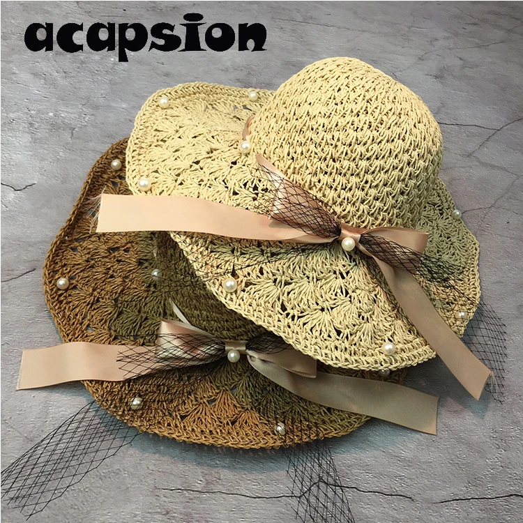 

Acapsion Summer Straw Hat Handmade Pearls Mesh Ribbon Dome Caps Sea Beach Sun Hat Chapeu Sombrero Hombre Hats For Women Feminino