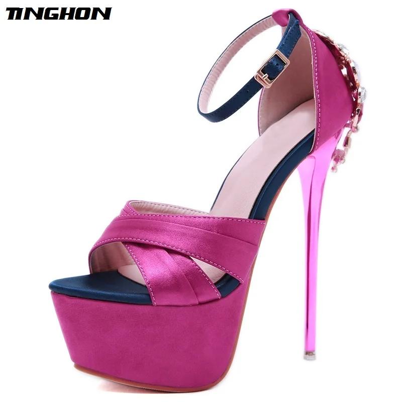

TINGHON Summer Silk Fashion Sexy Sandals Women Beads Buckle Strap Shallow Dress Party Platform Thin High Heels Rhinestone Shoes