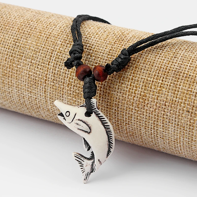 12Pcs Black Wax Cotton Cord Tribal Yak Bone Resin Carved Small Shark Fish Pattern Pendant Necklace